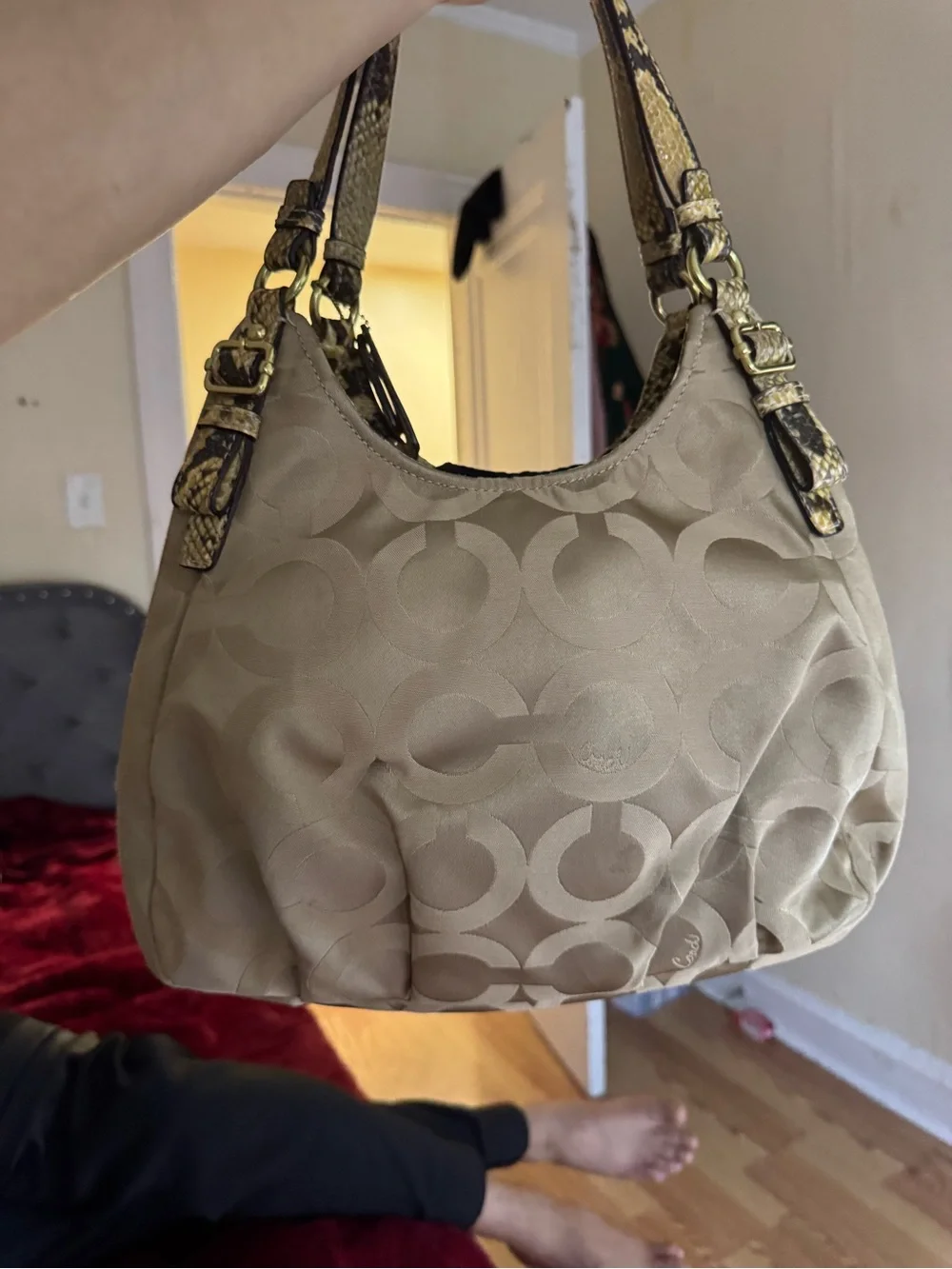 Coach Tan Signature Hobo with Snake-Trim Handles